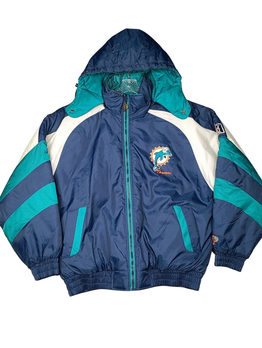 Vintage 90s Miami Dolphins NFL Pro Player Rare Navy Blue Puffer Jacket Mens XL